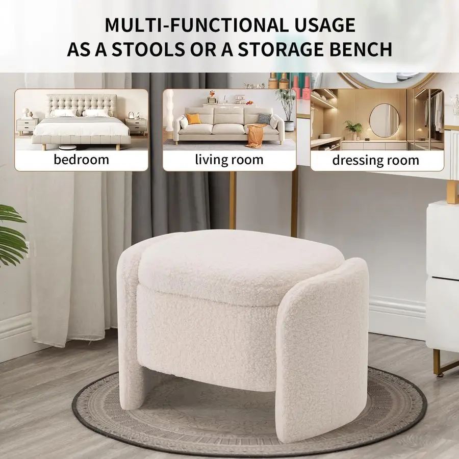 Bench with Lamb Fleece Fabric, Vanity Stool Chair, Upholstered Ottoman with Small Hidden Storage for Bedroom, Living Room, Entry