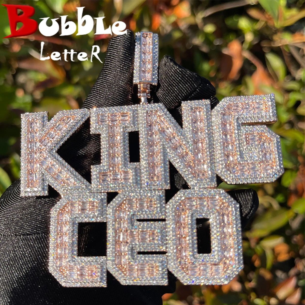 Bubble Letter Baguette Customized Necklace for Men Name Plates Pendant Personalized Iced Out Charm Hip Hop Jewelry