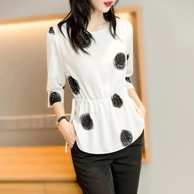 Summer New Thin Chiffon Lacing White Top Shirts 3/4 Sleeve Round Neck Solid Color Loose Blouse Office Elegant Women Clothing