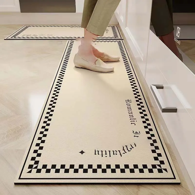 2PC Fashion Black White Checkerboard Letter Kitchen Mat Non Slip Oil Proof Runner Rug Modern Minimalist Entryway Decor