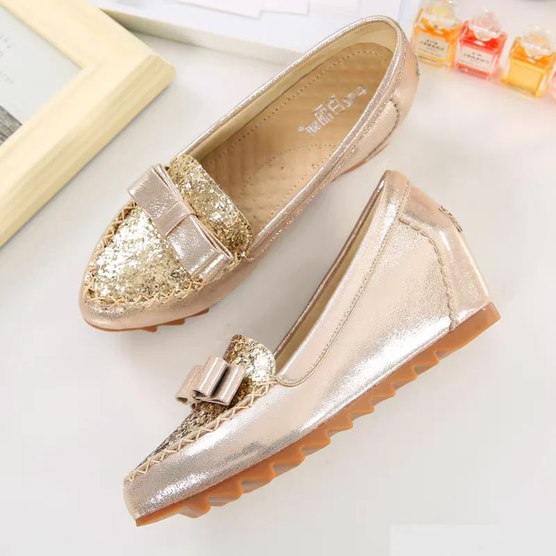 Golden/Silver Glitter Kitten Shoes Wedges Comfy shoes Ladies,4cm Hidden Height Increased women shoes Spring Fall Female pumps