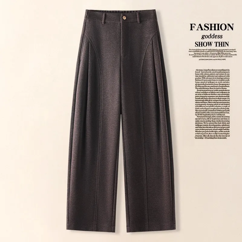 

Brown Woolen Beige Pants for Women, and Winter, Elegant Draped Pleated Straight Pants