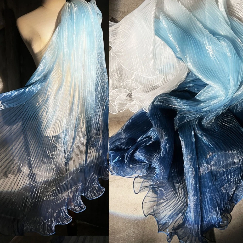 Blue Gradient Accordion Pleat Laser Organza Fabric Water Shine Pleated Cloth Evening Gown Fashion Designer Material