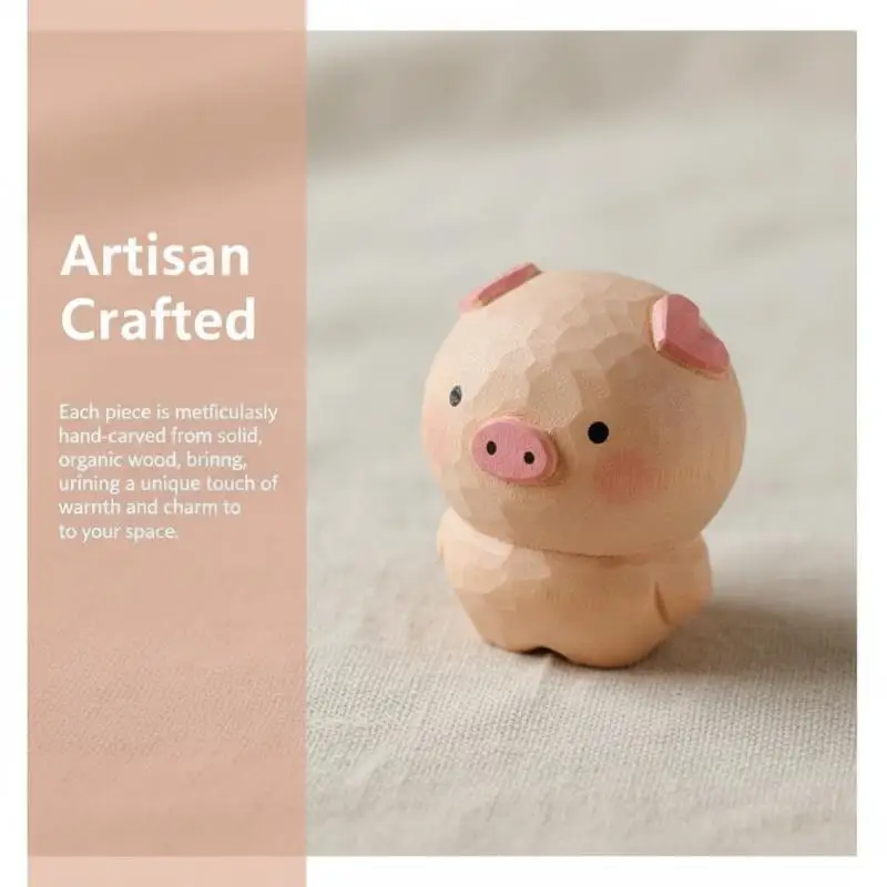 Non Toxic Paint Handmade Wooden Pig Figurine Fu Character Statue Cute Animal Ornament for Kids Bedroom Home Decor