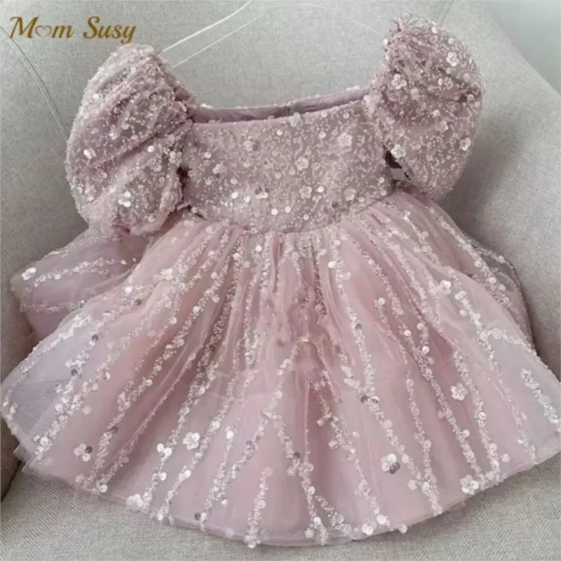 

Girls Puff Sleeve Sequin Embellished Tulle Dress Formal Party Wedding Flower Girl Birthday Costume