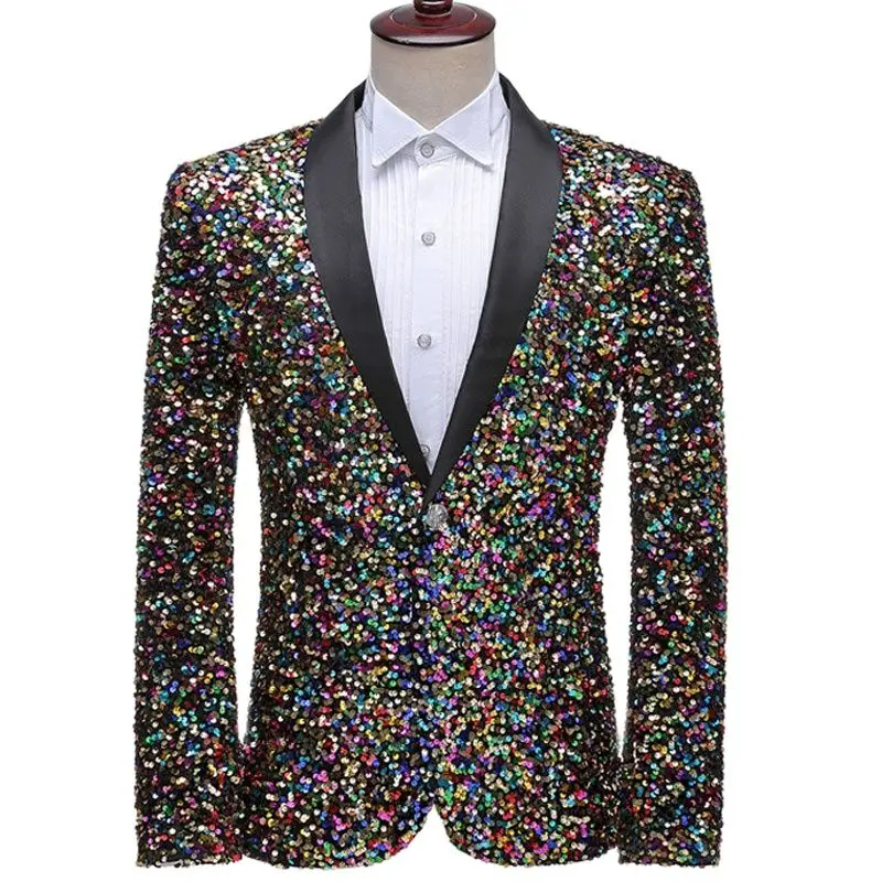 Colorful Glitter Sequin Tuxedo Blazer Men Luxury Brand Mens Shawl Collar Dress Suit Jacket Wedding Party Stage Blazer Costume