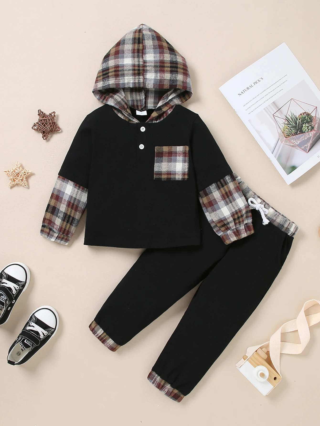 Toddler Boy Clothes  Patchwork Plaid Fashion Outfits Set, Little Boy Fall Winter Letter Printed Hoodie Sweatshirt Top+Long Pants