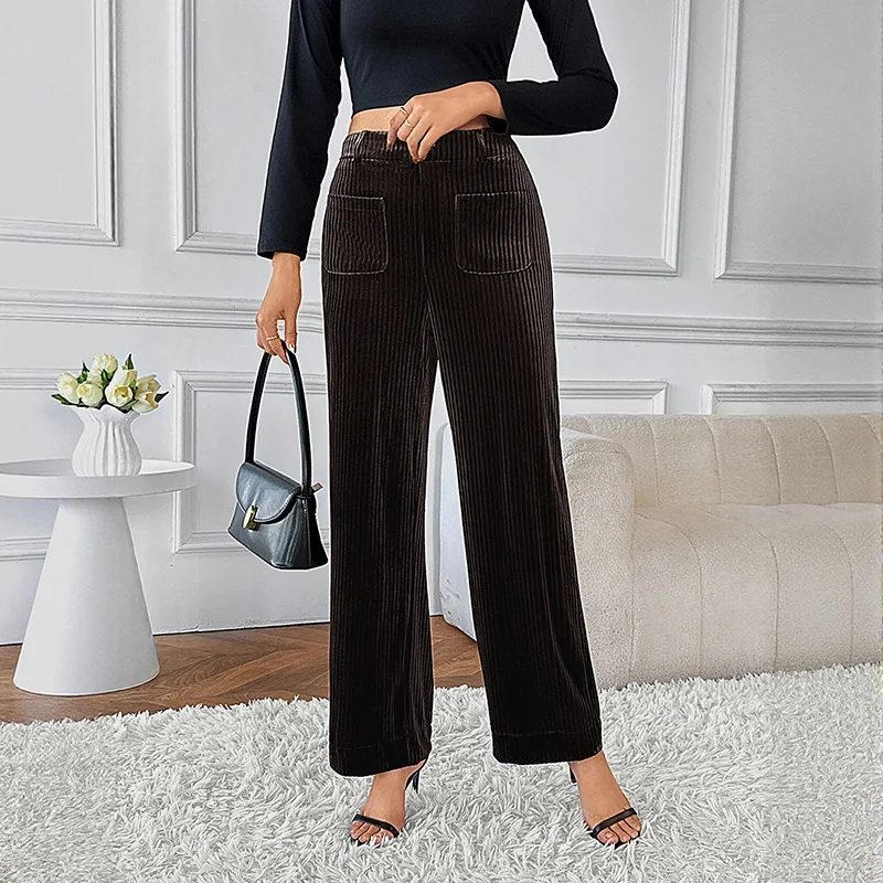 

2025 Autumn Winter New Casual Lazy Style High Waist Pocket Warm Velvet Wide Leg Pants