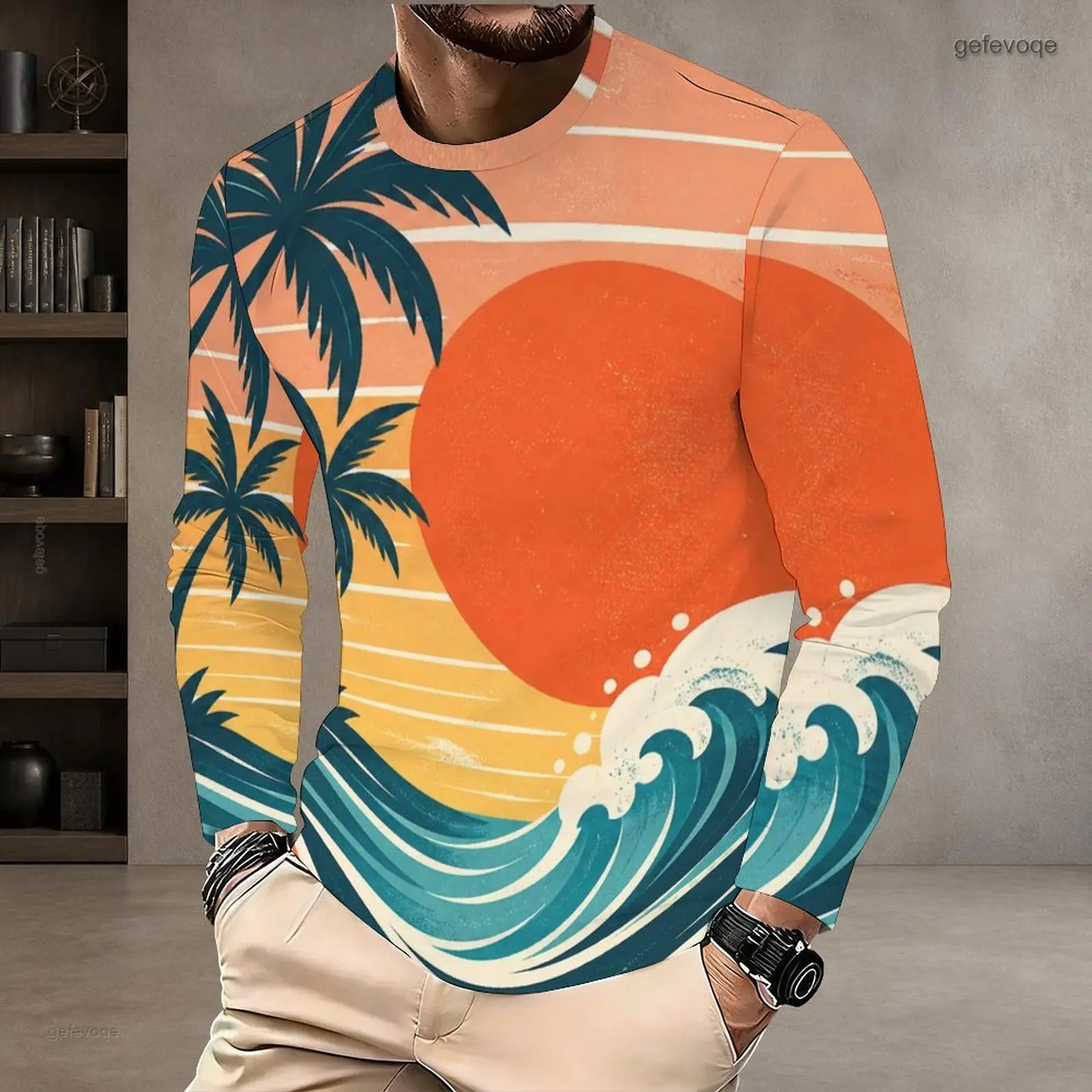 Men Geometric Sun Mountain Landscape Printed Round Neck Long Sleeve Pullover T-Shirt