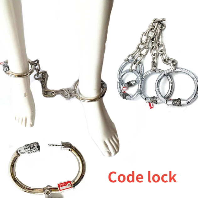 

Stainless Steel Ankle Cuff with Code Lock Metal Lockable Slave Restraint Chain Connected Feet Cuffs BDSM Sex Toys For Couple