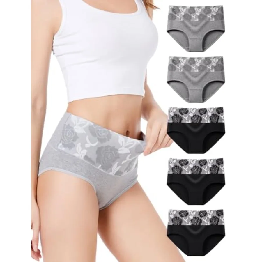 

Women's Briefs Underwear Cotton High Waist Tummy Control Panties Rose Jacquard Ladies Panty Multipack