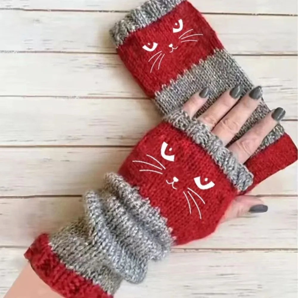 Thickened Knitted Fingerless Gloves Soft Thick Half Finger Gloves Color Block Windproof Cat Embroidery Gloves Office Typing