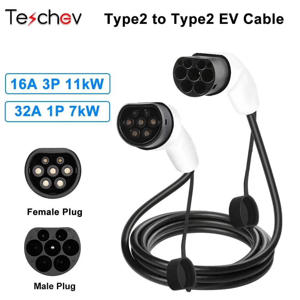 3.6kW 7.2kW 11kW EV Charging Cable 32A 16A Electric Vehicle Cord 3M Type 2 IEC 62196 EVSE Charging Station Female to Male Plug