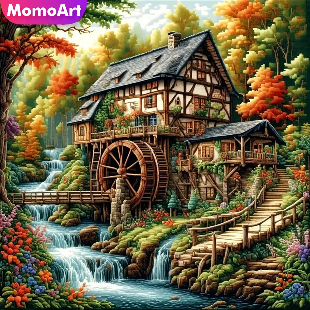 Momoart Diamond Painting House Landscape New Arrival Mosaic River DIY Full Square Round Diamond Embroidery Forest Handmade Gift