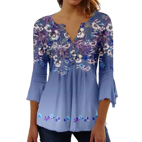 Camiseta con cuello en V para mujer, Camiseta con estampado 3d, ropa holgada informal, ropa con botones