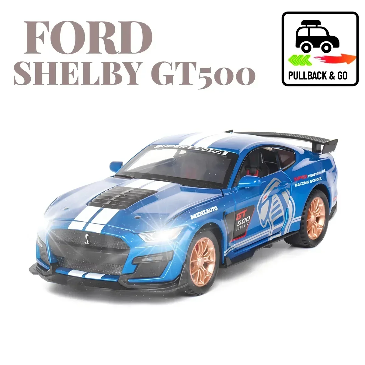 1:32 Shelby GT500  Repilca Alloy Diecast Pullback Car Model with Light Sound Scale Ford Mustang Miniature Kid Boy Xmas Gift Toy