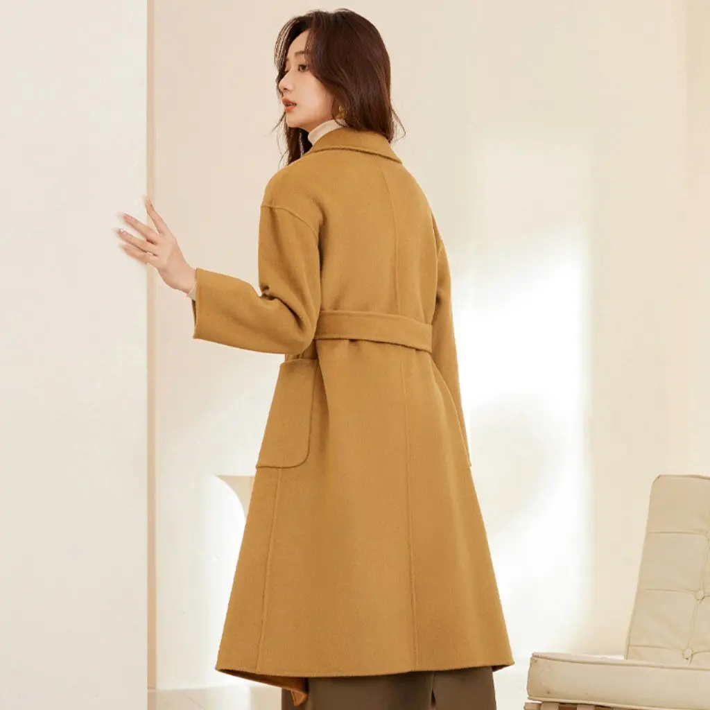 

Elegant Women's Double-Sided Wool Coat Korean Style Autumn Winter Extended Length Bathrobe with Pocket Design 100% Wool