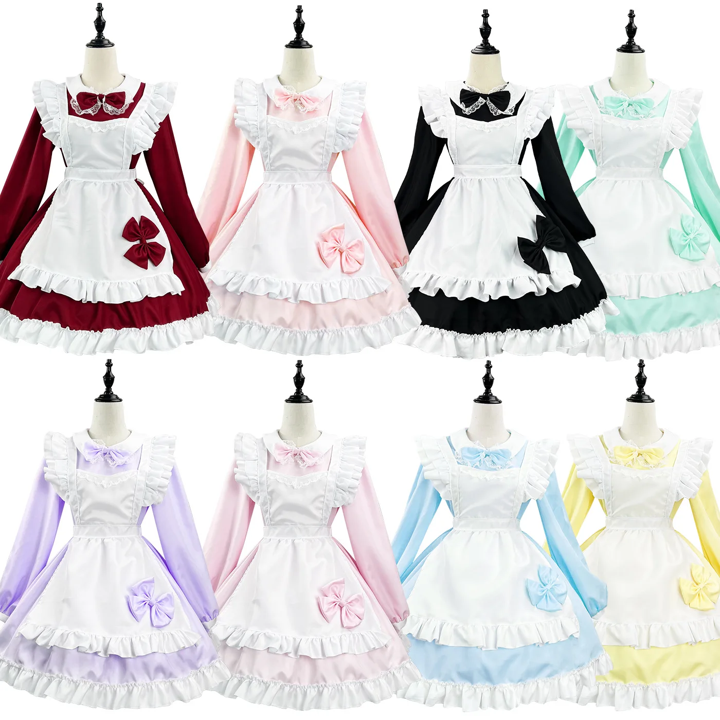8 Farben Lolita Langarm Dienstmädchen Kostüme Cosplay Dienstmädchen Kleid Anzug für Kellnerin Dienstmädchen Party Bühnenkostüme S -5XL