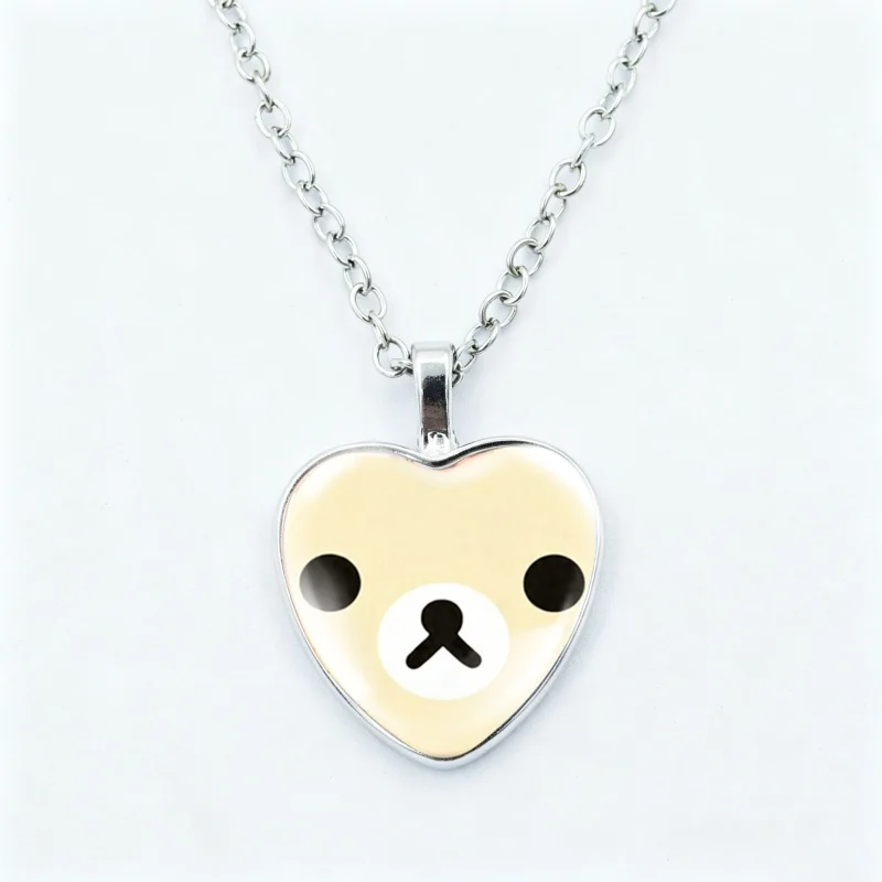 Cute Cartoon Rilakkuma Necklace Glass Dome 25MM Heart Shape Pendant Necklace Jewelry Charm Fans Gift