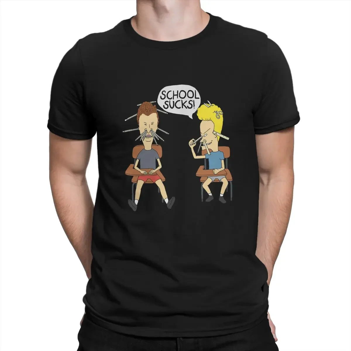 Harajuku Graphic Men's Tshirt O-Neck Men Tops Beavis and Butthead Funny Sarcastic Cartoon School Sucks T Shirt oversized summer