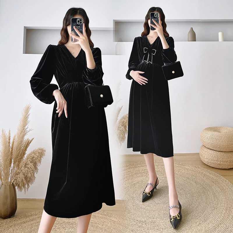 

New Winter Soft Lurex Maternity Mother Long Dress Sweet Elegant Ins A Line Clothes for Pregnant Women