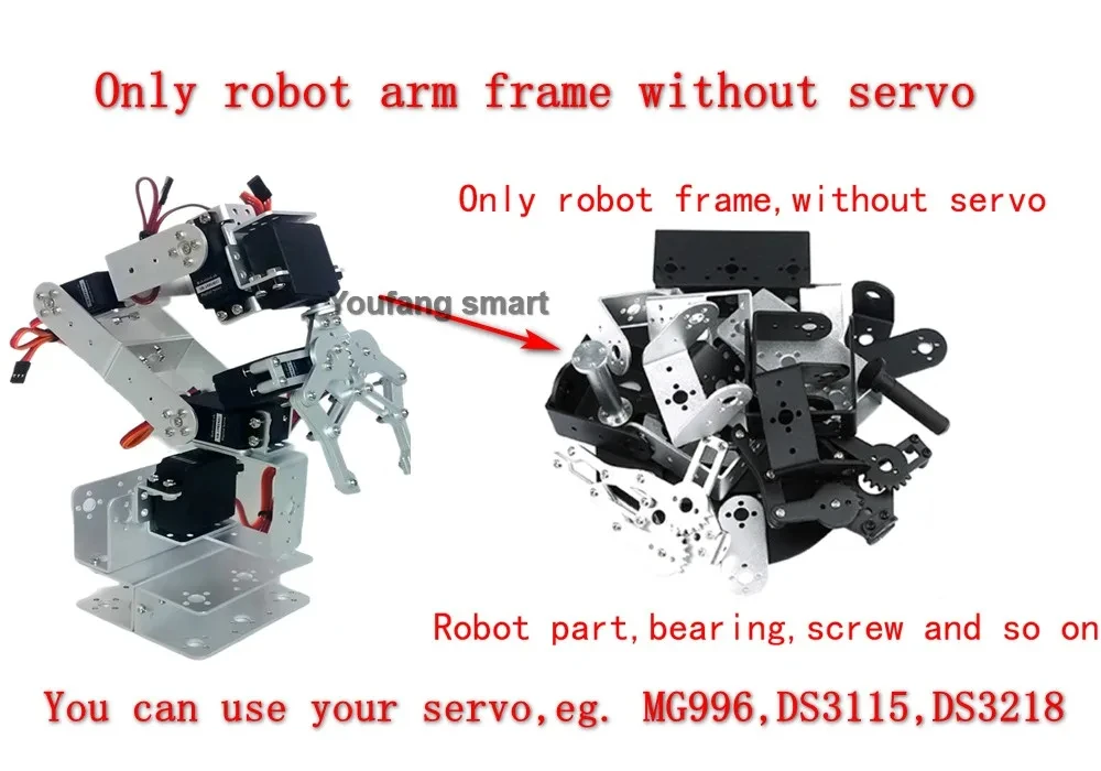 6 DOF Robot Arm Kit Manipulator Metal Alloy Mechanical Arm Clamp Claw Kit MG996 Robot DIY kit with Open Source Code and Tutorial