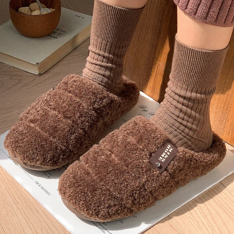 Winter Fluffy Furry Bread Slippers Women Soft Sole Non Slip Home Cotton Slides Woman Indoor Warm Plush Slippers Plus Size 34-47