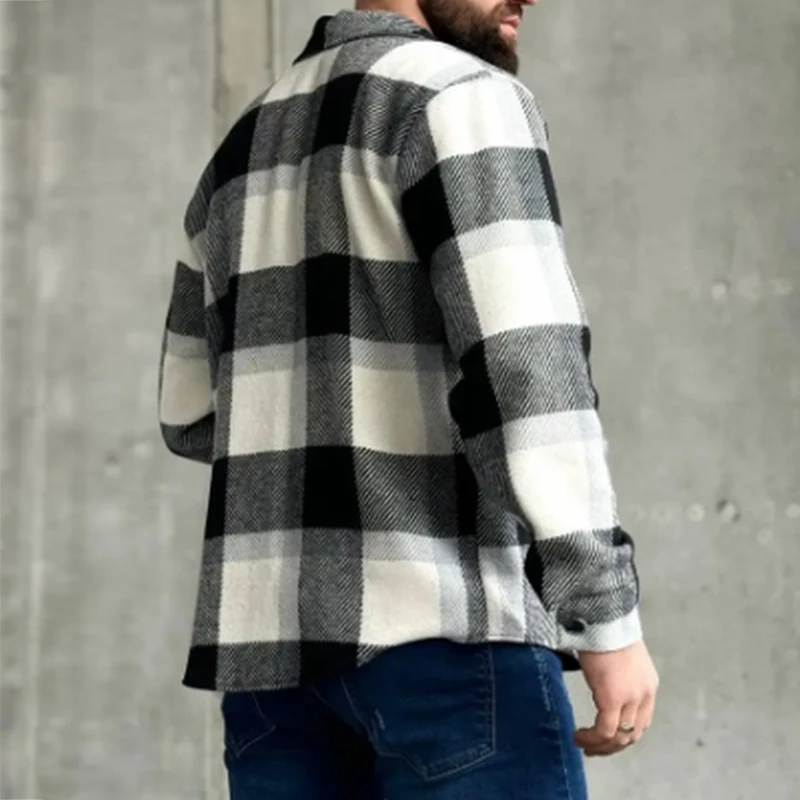 Autumn Fashionable Woolen Plaid Shirts Mens Casual Turn-down Collar Buttoned Long Sleeve Cardigans Men Vintage Woolen Shirt Tops