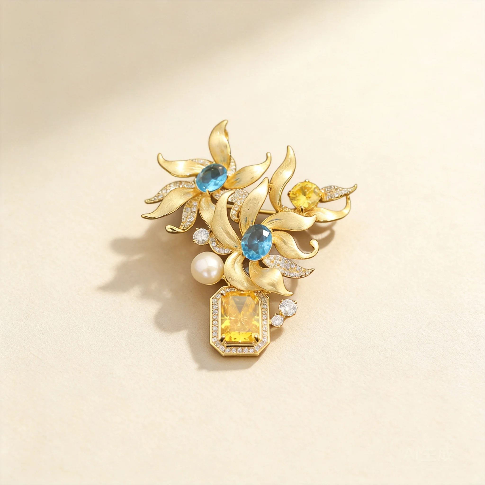 Chinese Style Auspicious Brushed Gold Chrysanthemum Brooch Inlaid Shiny Blue Yellow Zircon Faux Pearl Good Luck Wealth Blessing