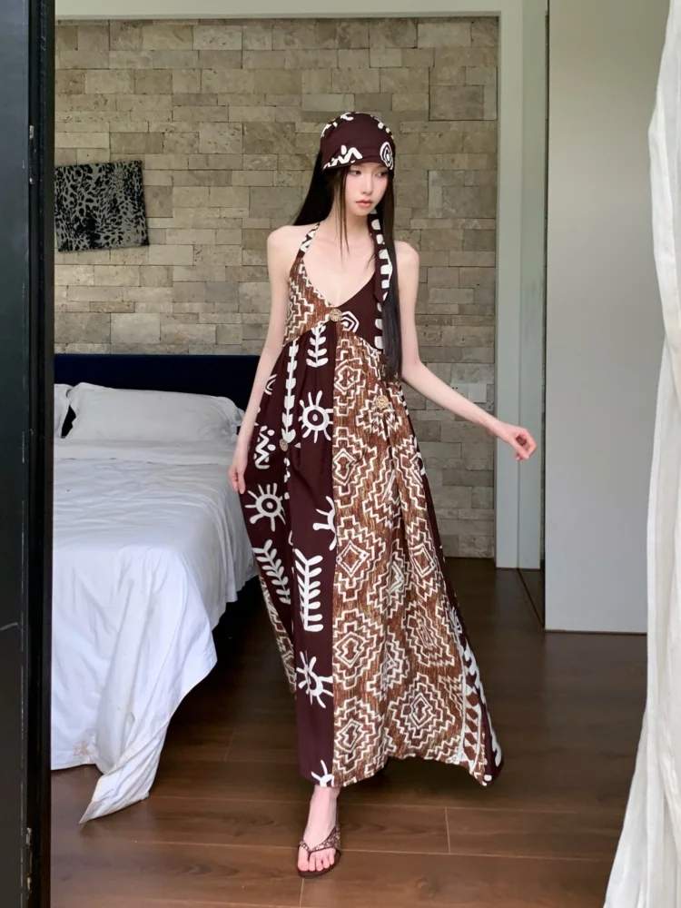 CHEERART Boho Tribal Patchwork Marrone Abito lungo per donna 2025 Estate Backless Scollo a V Una linea Halter Maxi Dress Abiti da vacanza