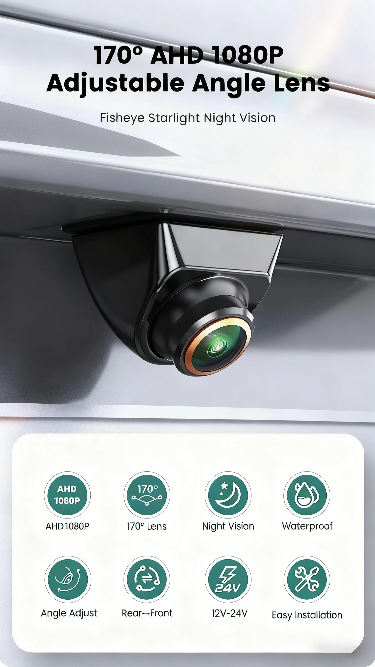 *تيار مستمر 12 فولت ~ 24 فولت كاميرا احتياطية للسيارة/الأمامي/الجانبية مع توجيه AHD 1080P كاميرا خلفية عكسية عدسة قابلة للتعديل لمقطورة السيارة