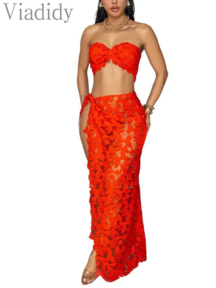 

Women's Sexy Summer Lace 3pcs Set Slid Color Strapless Bandeau Top and High Waist Irregular Maxi Skirt