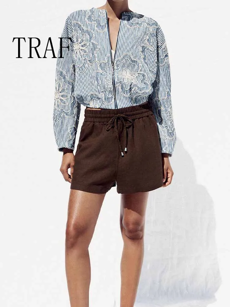 

TRAF European and American style women's summer new fashion all-match texture pilot round neck long-sleeved jacket top coat