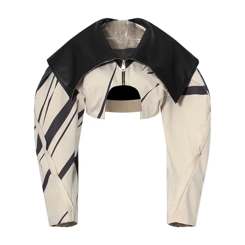 

Бежевая кожаная короткая куртка с карманами на молнии, новое женское пальто с лацканами и длинными рукавами, модное пальто, весна-осень 2025