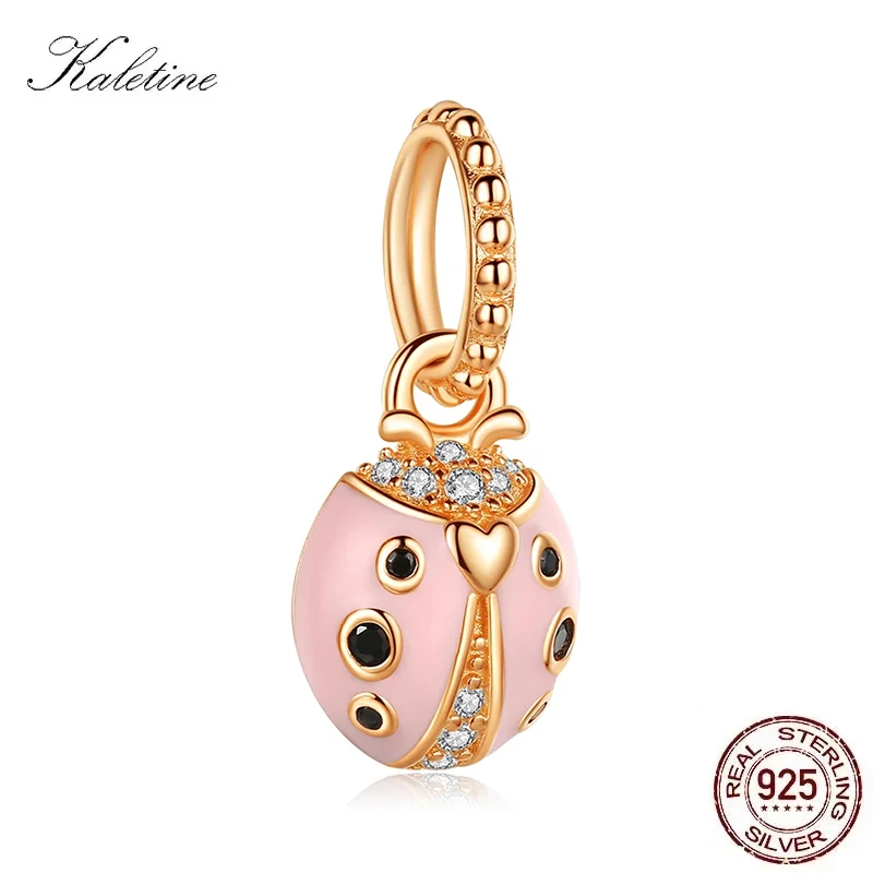 KALETINE 925 Sterling Silver Pink Ladybug CZ Beads Fit Original Bracelet Charms Pendant Necklace Luxury Jewelry Making
