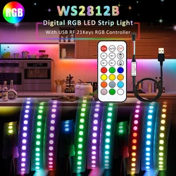 WS2812B RGB LED Strip 5V RGBIC 5050 Flex Ribbon Lights USB 21 Keys RF Remote Control 30/60/144 LEDs/m Tape Lamp Decor for Room