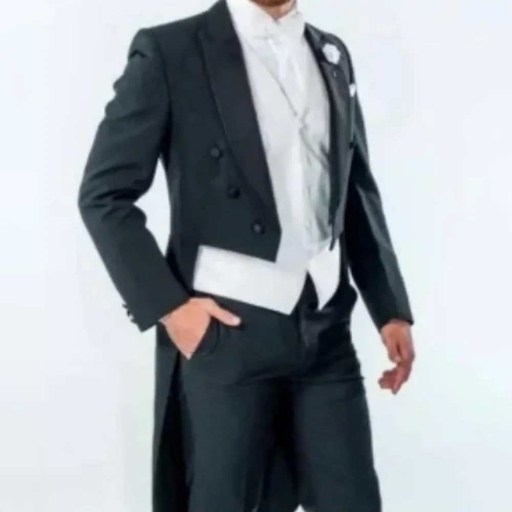 

Formal Men's Suits High Quality Tuxedos Elegant Wedding Double Breasted Peak Lapel 3 Pieces(Long Jacket+Vest+Pants) Full Sets