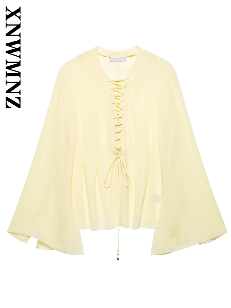 

XNWMNZ 2025 Spring New Woman's Sophisticated Long Sleeve Blouses Top Chic Summer Woman V-Collar Chiffon Blouse Ruffles Pullover