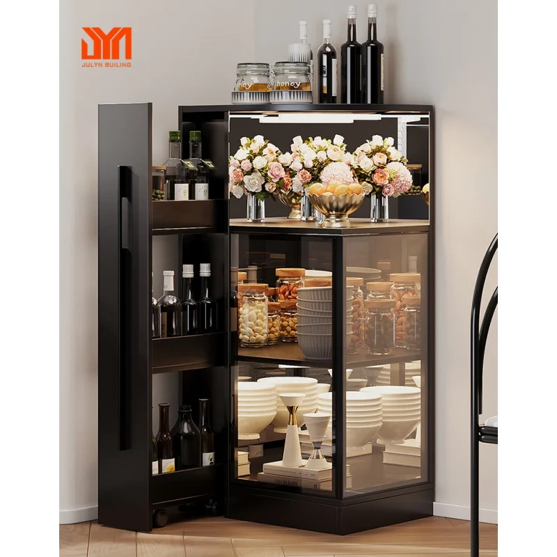 custom.JYN Pull Out Sidebroad Wine Cabinet Display Rack Corner Cabinet Black Dining Cabinet with Glass Door