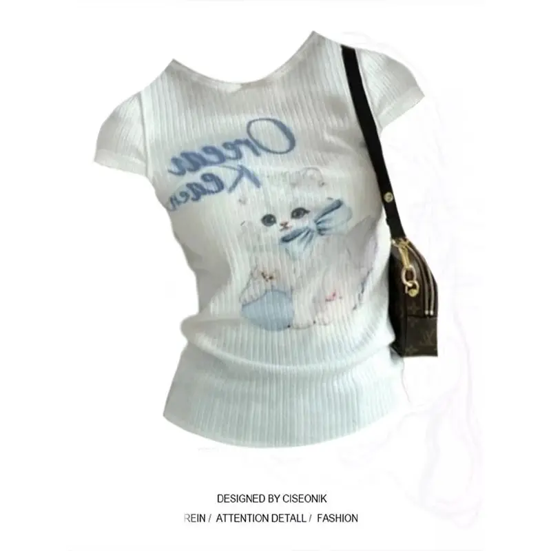 

White Cat Print Slim T-Shirt Women Fit Round Neck Simple Commute Cartoon Korean Summer Sweet Spicy Short Sleeve Top