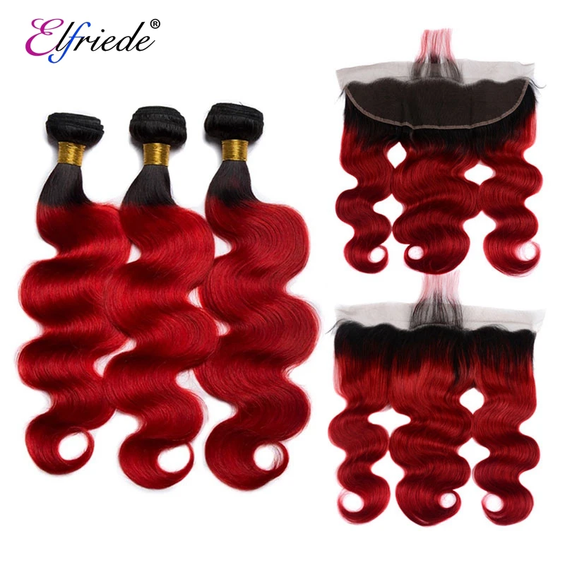 Elfriade-mechones de cabello humano ondulado T1B/Red Body, extensiones de cabello de color ombré con Frontal Remy 100%, 3 mechones con encaje Frontal 13x4