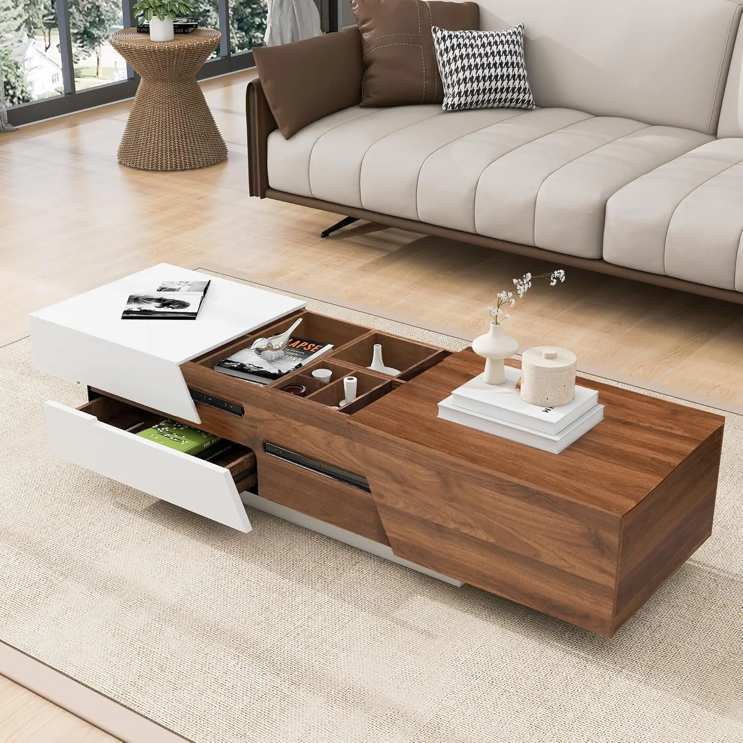 LZ LEISURE ZONE Coffee Table, Extendable Sliding Top Coffee Table with Storage, Modern Unique Rectangle Storage Coffee Tables