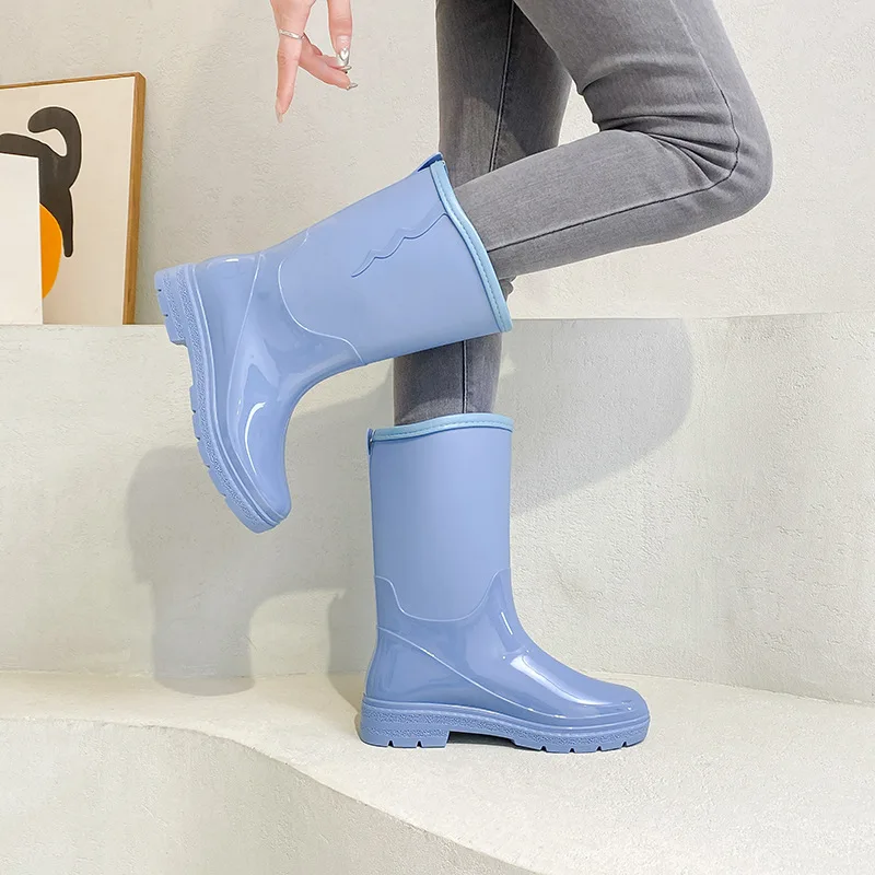 Mulheres meados de bezerro botas de chuva moda antiderrapante à prova dwaterproof água sapatos de trabalho senhoras plataforma botas de água de cor sólida