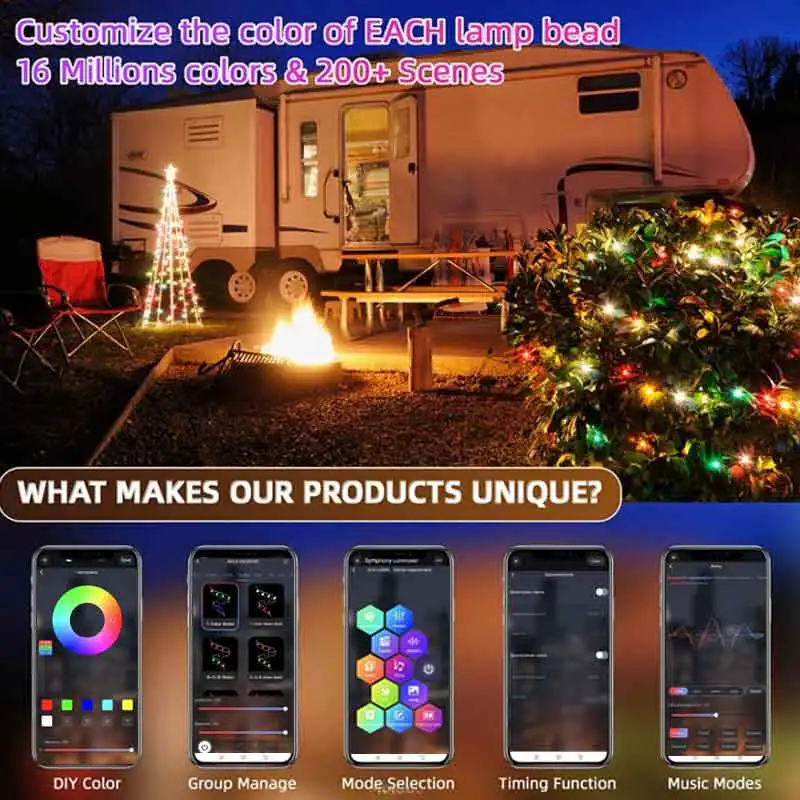 20M Led Christmas String RGB Light Smart Outdoor Festoon Party Leather Line IP65 Bluetooth Music Lamp String Fairy Lights