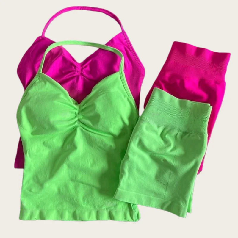 2Pcs Set Yoga Strappy Vest&Shorts Women Resistance Training Seamless Padded Halter Tank Top Scrunch Butt Lifting Gym Shorts Set
