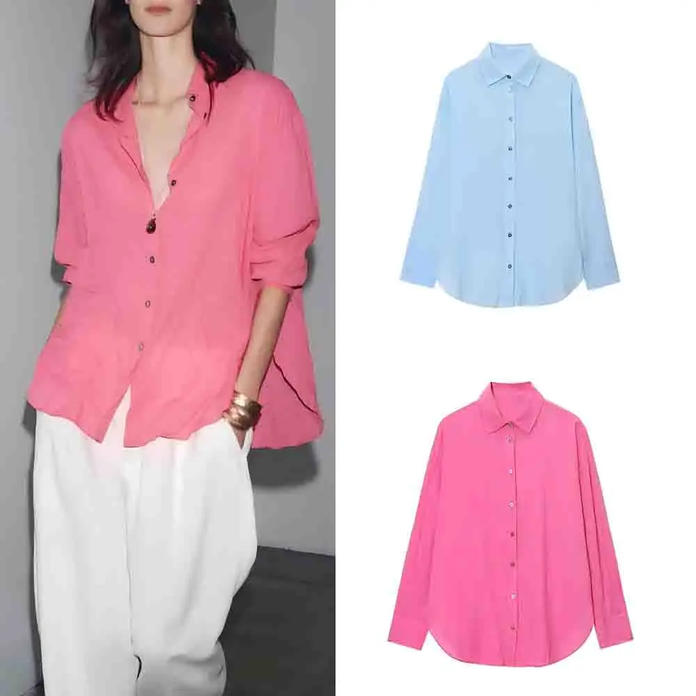 

Women's new fashion loose single breasted casual pleated shirt retro lapel long sleeved women's shirt chic top