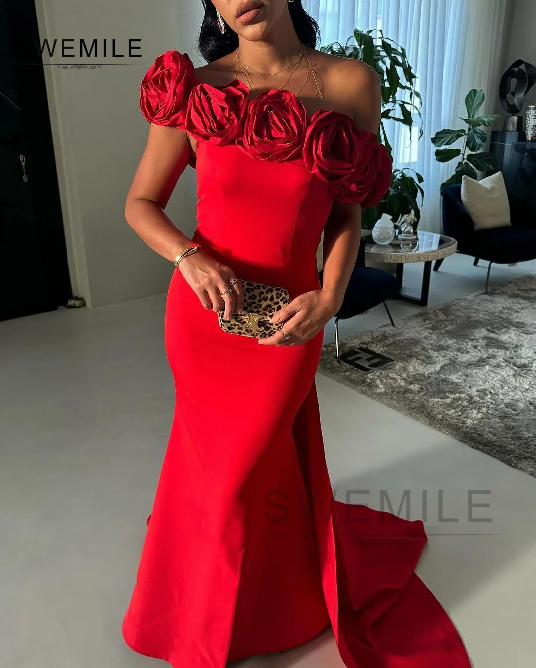 Red 3d Flowers Strapless Floor-Length Off-The-Shoulder Neckline Women\'S Evening Dresses Wedding Party Dress فستان حفلات الزفاف