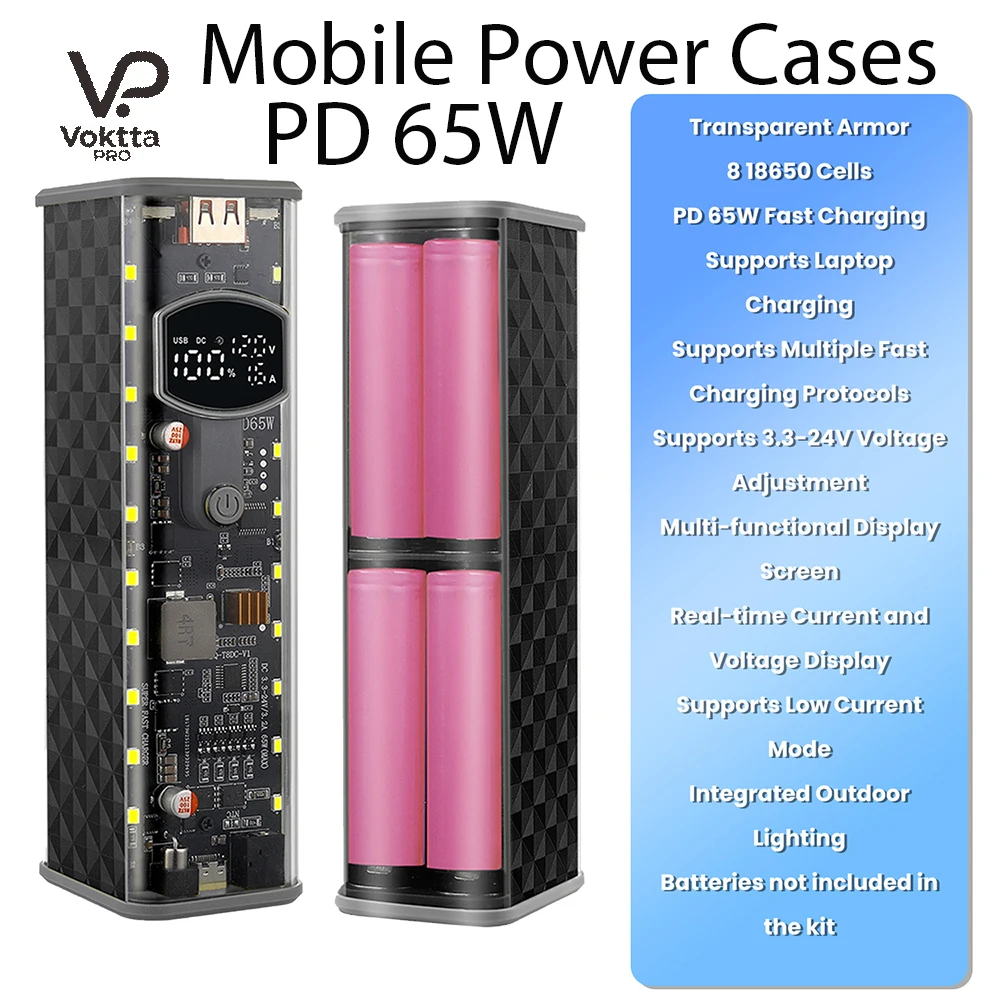 PD 65W Superschnelles Laden Transparentes Powerbank-Gehäuse 8*18650 Batteriebox DC-Spannung Einstellbare Batterie-Aufbewahrungsbox