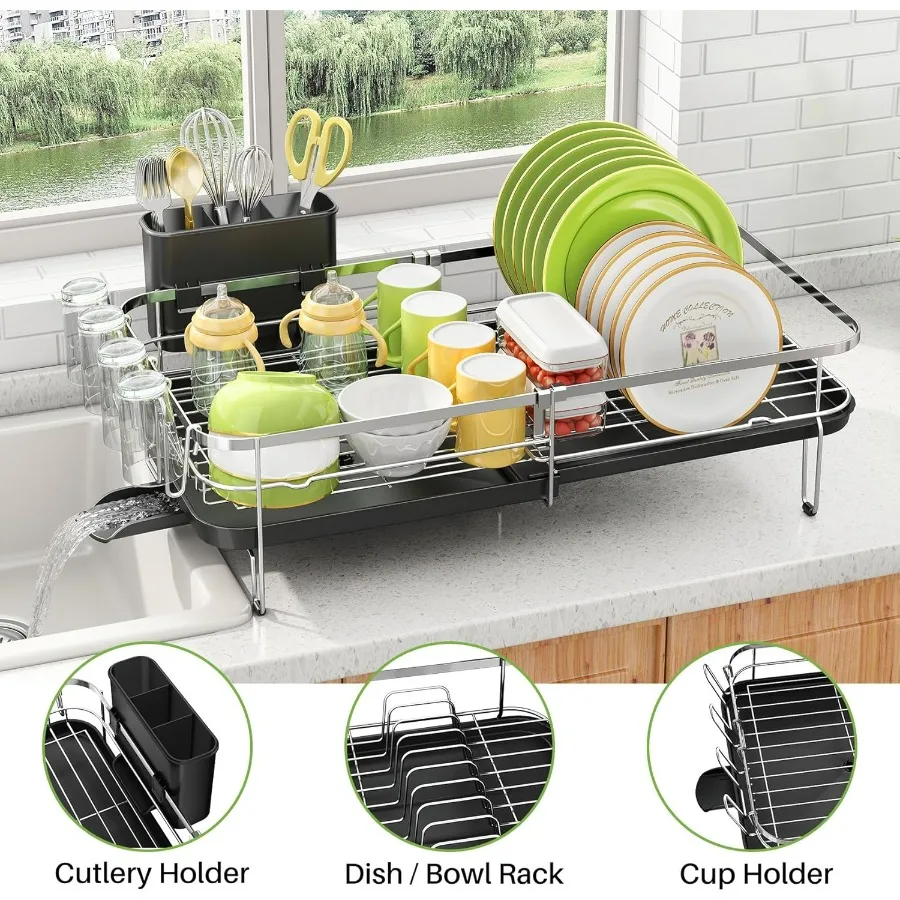 رف تجفيف الأطباق، رف أطباق قابل للتوسيع لطاولة المطبخ، مصفاة أطباق من الفولاذ المقاوم للصدأ مع أواني وحامل أكواب 13.8 بوصة - 22.6 بوصة لتر