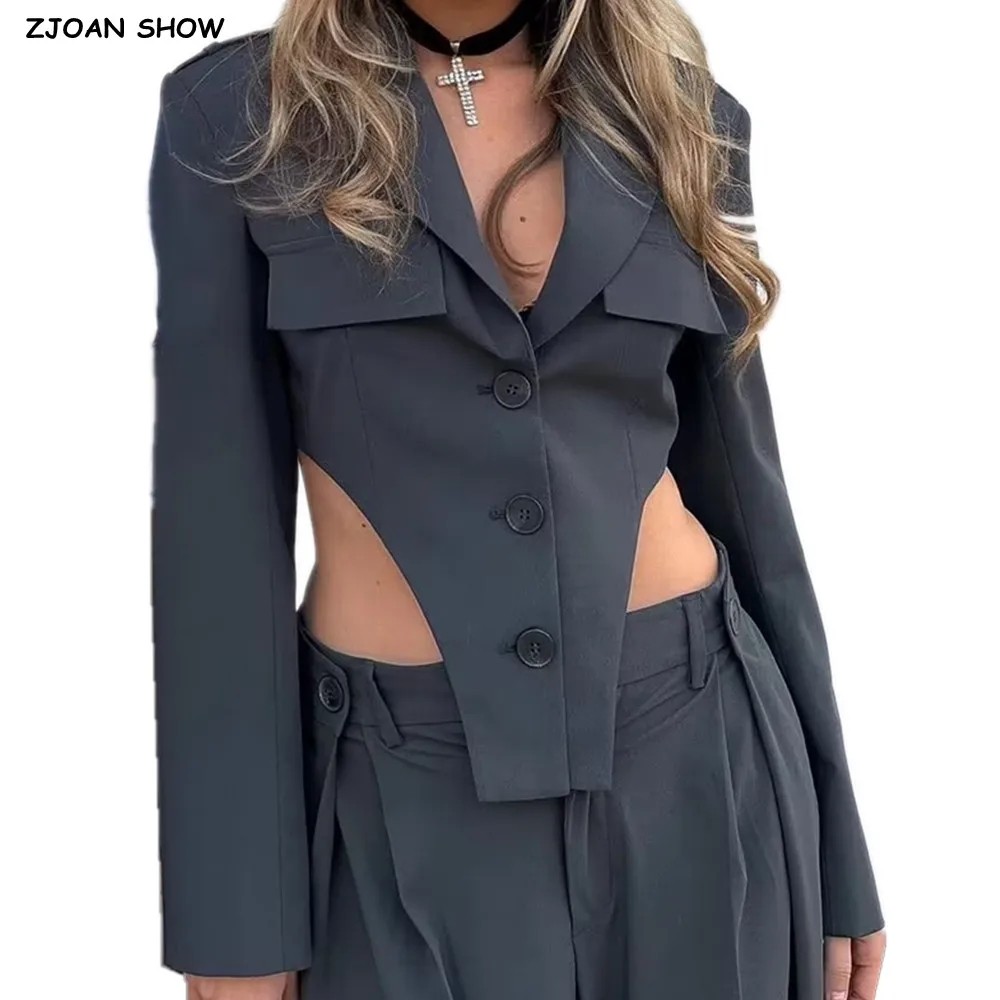 

2023 Sexy Hem Curve Hollow Out Waist Cropped Blazer Women Notched Collar High Waist Suits Full Sleeve Short Coat Dark Gray Beige